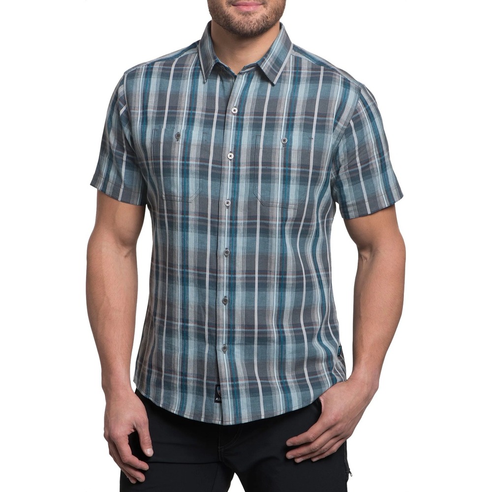 KUHL Plaid Button Down Shirt Mens XL Blue Gray Linen Blend Tall Tapered Fit